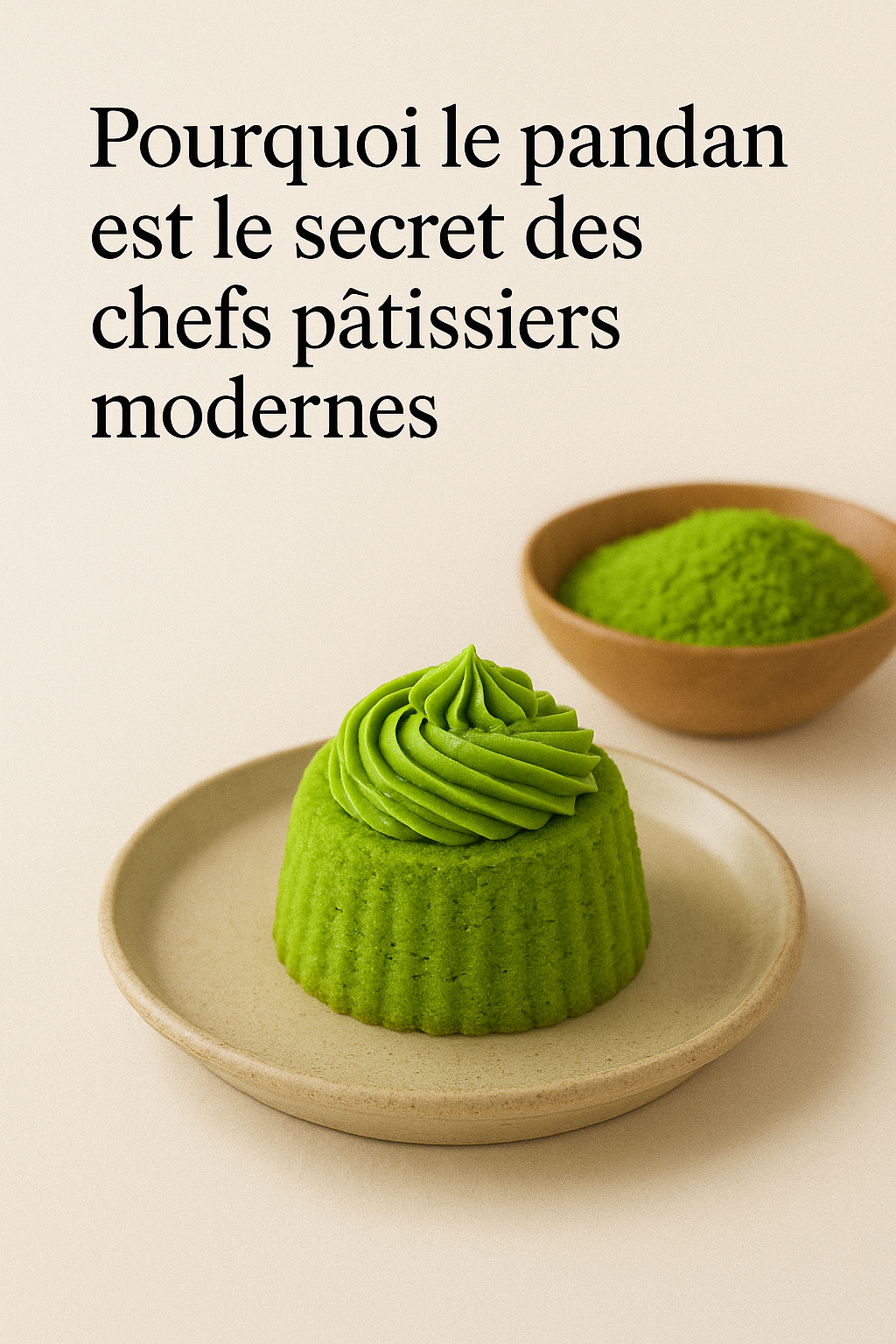 Petit gâteau vert au pandan avec glaçage crémeux, présenté sur une assiette beige, à côté d’un bol de poudre de pandan, illustrant un article sur la pâtisserie moderne et les chefs utilisant le pandan.