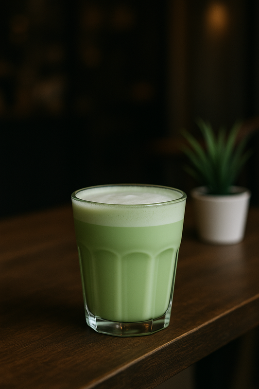 Latte au pandan vert pastel servi dans un verre transparent sur une table en bois dans un coffee shop moderne et lumineux. La boisson crémeuse met en valeur la couleur naturelle du pandan et l’ambiance chaleureuse du café.