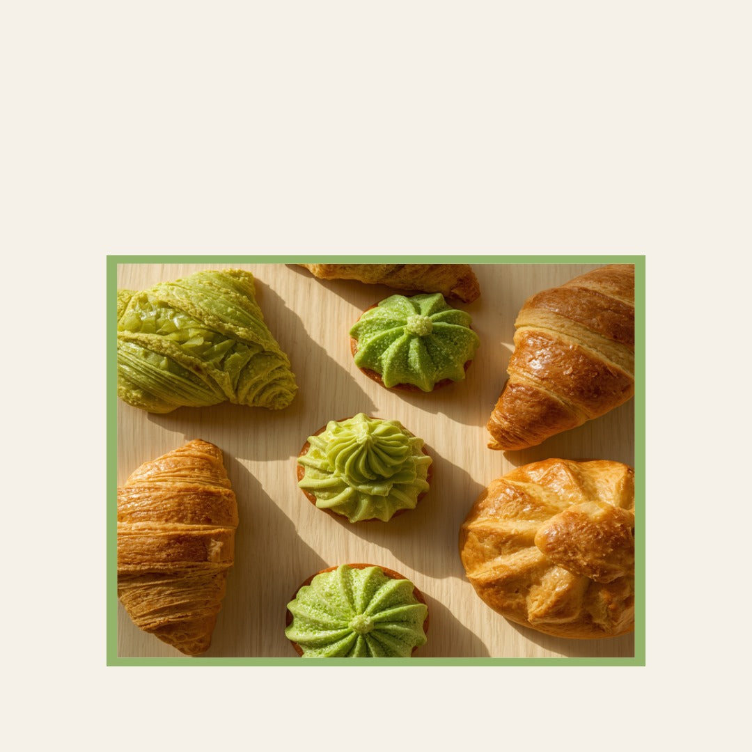 Artisanal pandan pastries and baked goods with a creamy base